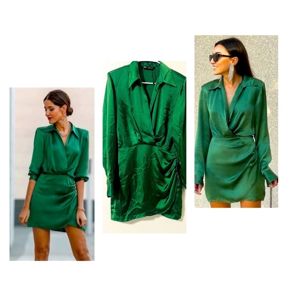 Zara Women’s Size Small Green Satin Effect Long Sleeve Wrap Dress Going Out EUC